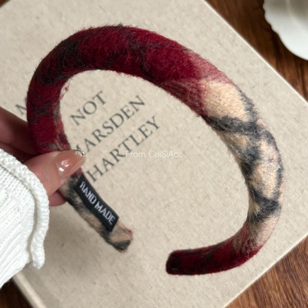 Women's Red Plaid Wool Wide-Brimmed Headband - Perfect for Christmas & New Year Outings