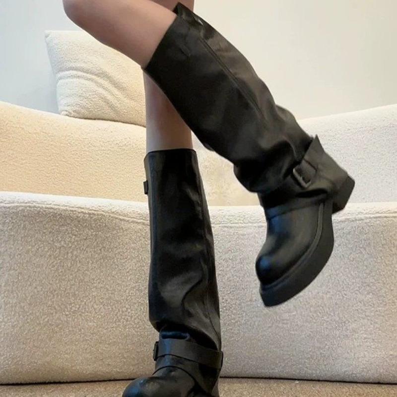 Fashion Belt Buckle Black Mid-thigh Boots Women's Long-thigh Boots Plus Size