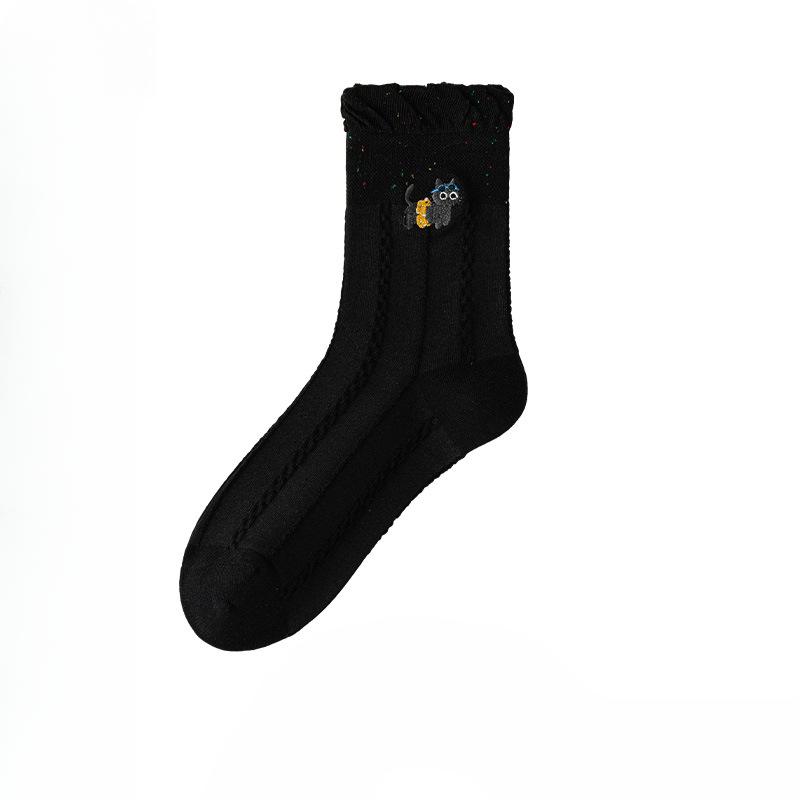 Female Autumn and Winter Cartoon Cat Embroidery Idea Yarn Bubble Mouth Lace Mid Tube Socks