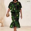 Women Plus Size Round Neck Batwing Sleeve Printed Navy Blue Ruffle Top Fishtail Skirt Two Piece Set