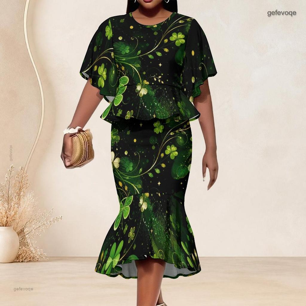 Women Plus Size Round Neck Batwing Sleeve Printed Navy Blue Ruffle Top Fishtail Skirt Two Piece Set