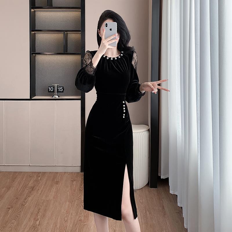 

Элегантное бархатное платье 2025 года, стройнящее талию Medium чёрный