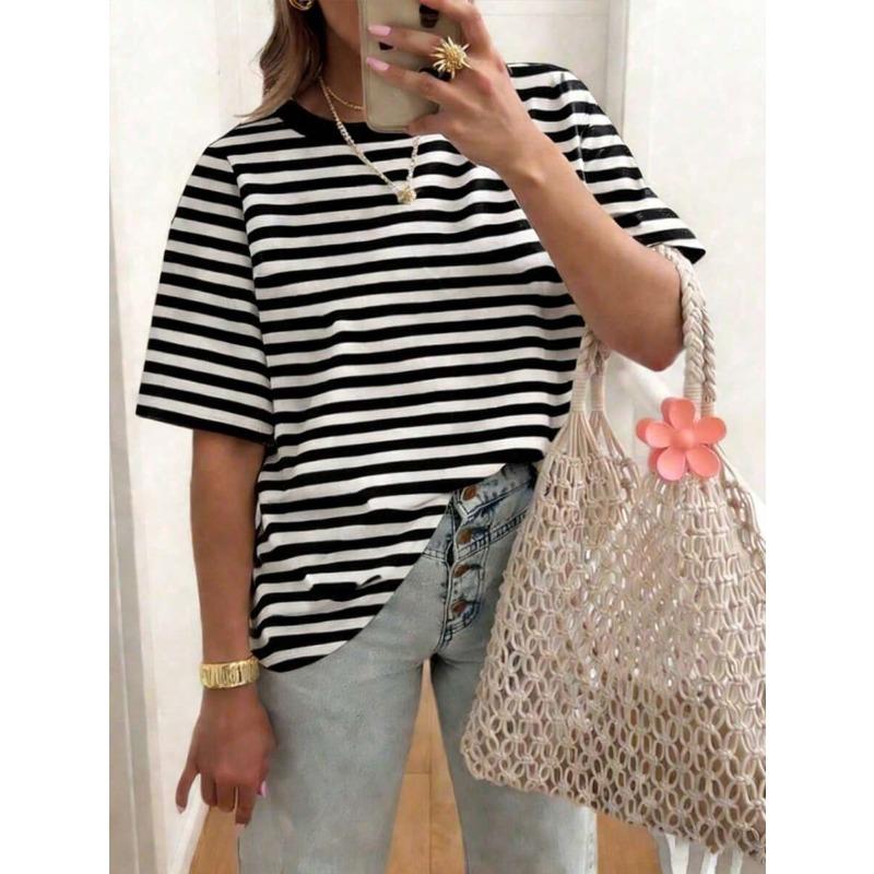 Damska koszulka oversize w paski, drukowana 3D, letnia, casualowa, z okrągłym dekoltem, luźna, modna, z krótkim rękawem, top damski