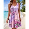 Women's Round Neck Sleeveless Watercolor Lotus Print Casual A-Line Mini Dress, Beach Tank Dresses for Spring & Summer