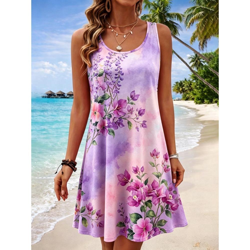 Women's Round Neck Sleeveless Watercolor Lotus Print Casual A-Line Mini Dress, Beach Tank Dresses for Spring & Summer