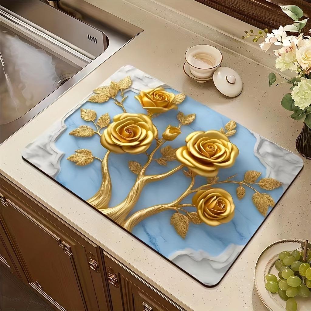 3D Fresh Flower Pattern Absorbent Tableware Dish Drying Mat Kitchen Bottle Anti-slip Rug Luxury Kettle Dinnerware Counter Tool