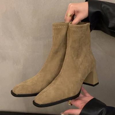 High Heels Women Snow Ankle Boots Suede Square Toe Shoes Winter Designer Chelsea Boots  Trend Goth Gladiator Botas De Mujer