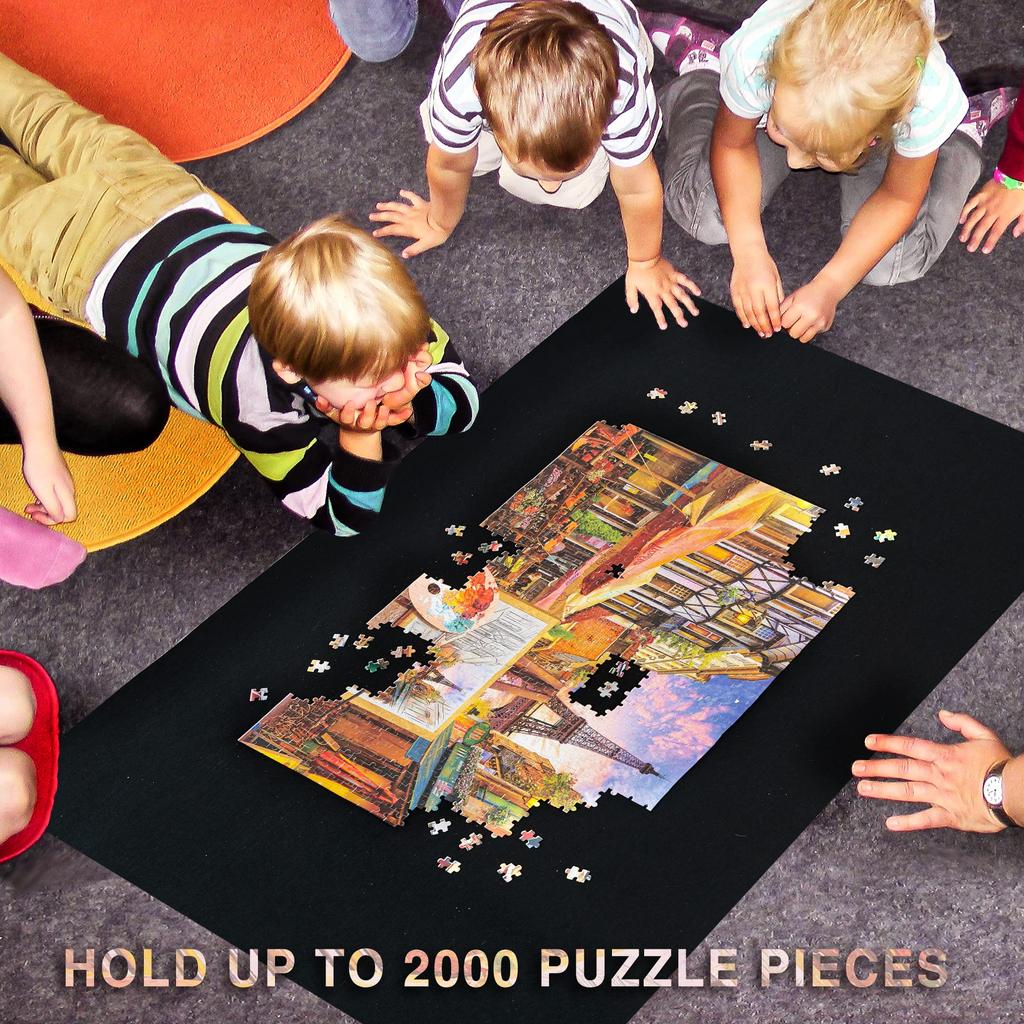Becko US 2000 Piece Jigsaw Puzzle Mat, Roll-Up with Black Pump & Drawstring Storage Bag. Easy To Carry and Store, Black Felt Mat, Portable Puzzle