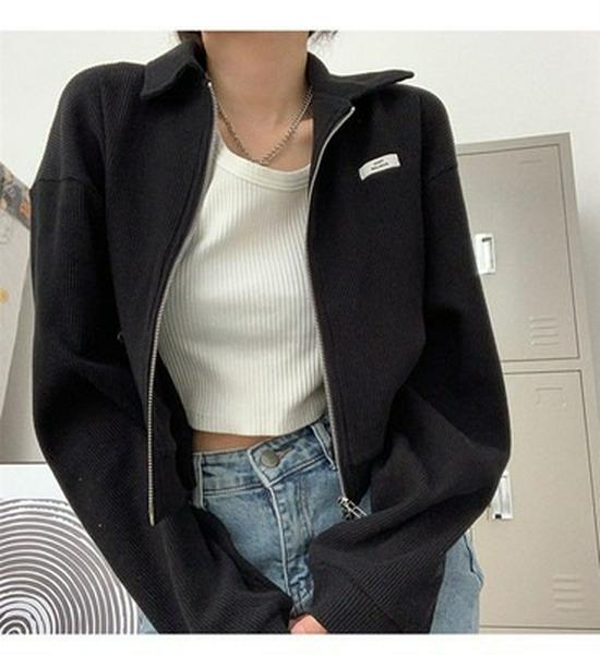 

2025 Versatile Zipper Sport Waffle Cardigan for Women - Spring/Autumn Short Top Medium чёрный