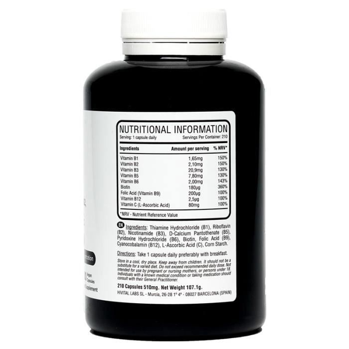 Vitamine b complex. 210 gélules vegan pour 7 mois. complexe de vitamines b avec b1, b2, b3, b5, b6, b12, biotine et acide folique.