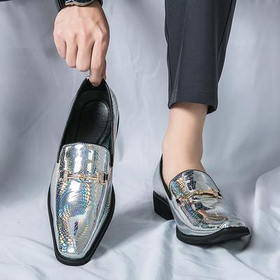 Fashion New Fashionable Silver Pointed Men Shoes Snake Pattern Metal Buckle Slip On Casual Business Mixed Colors Patchwork Party Shoes
