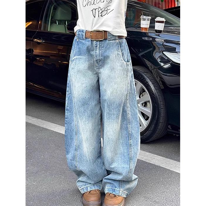 American Retro Bamboo Pattern Washed Scimitar Jeans Men's and Women's New High-waisted Straight Wide-leg Sickle Pants