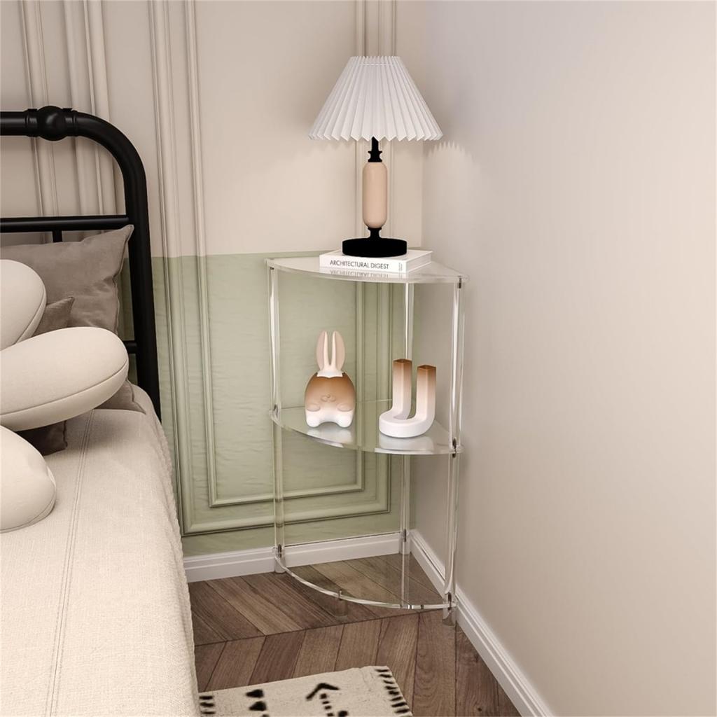 Elegant Acrylic Corner Storage Table with Three Levels for Books and Decoration Living Room Space Saving Designs