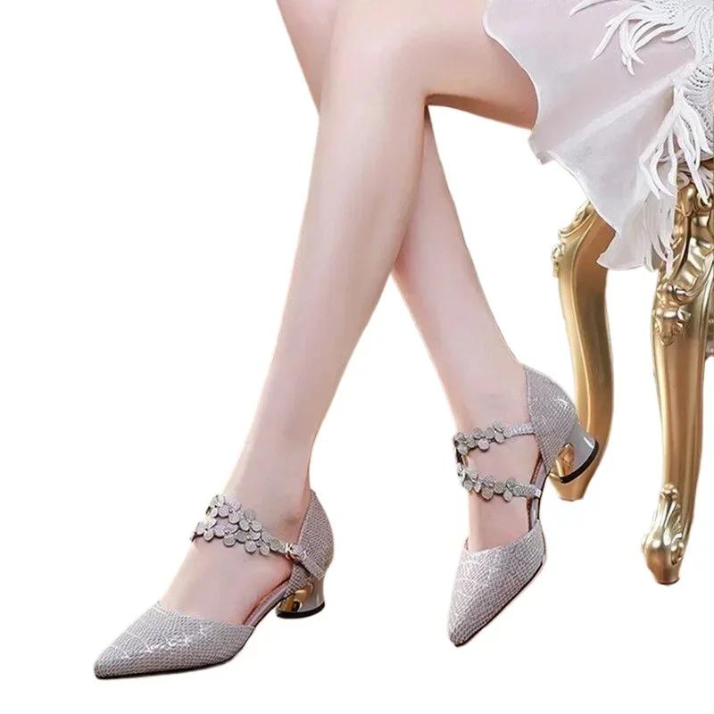 Single Shoes Women's Hollow Sandals Summer New Baotou Rhinestone Large Size Trend Fashion Versatile Gold High Heels Bridal Shoes