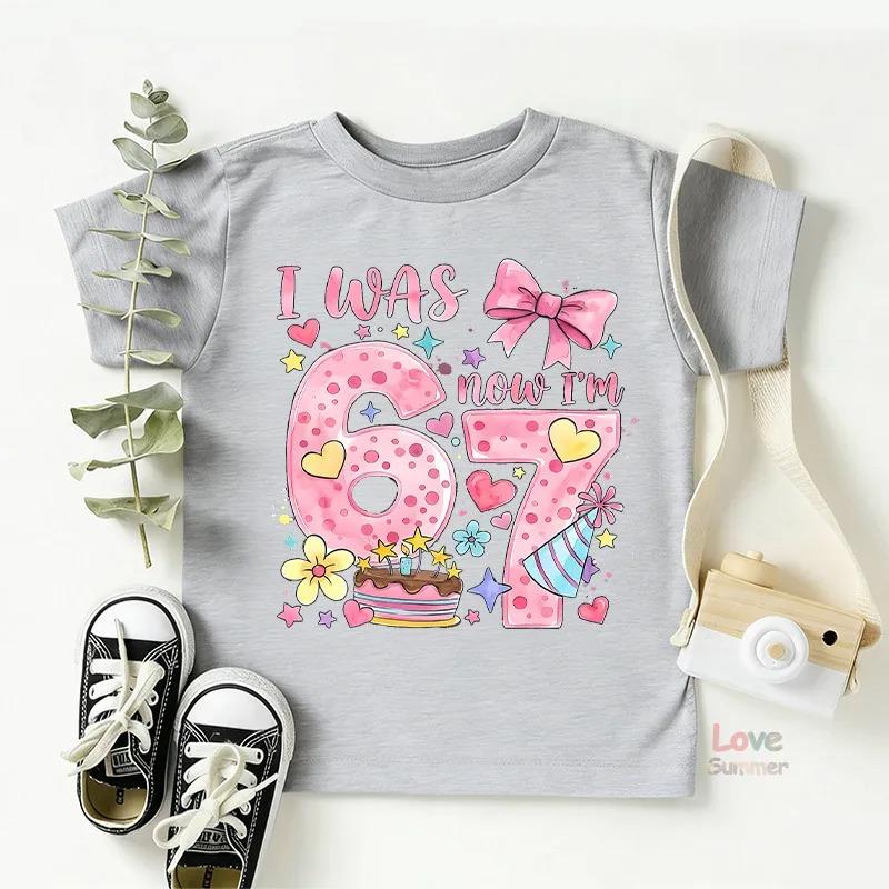 Bow I Was 6 Now I’m 7 Birthday T Shirts 67number Birthday Girl T-Shirt Kids Birthday Party Girl Tees Italian Brainrot Funny Gift