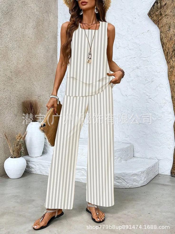 New European and American women's clothing spot explosion sleeveless casual double-layer vest plus pants set two-piece set