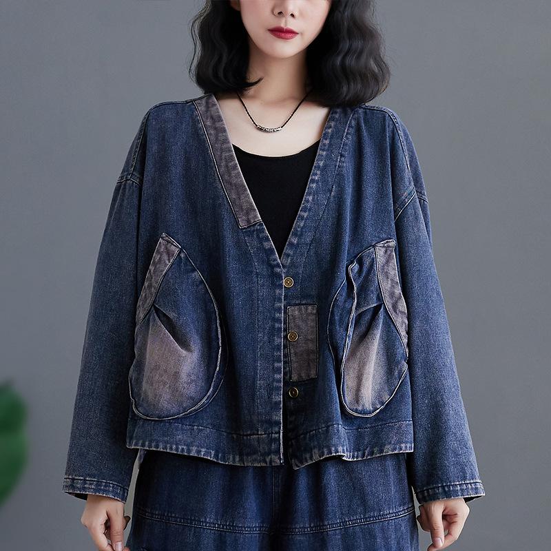 

Осенние свободные джинсовые куртки с V-образным вырезом для женщин, винтажный стиль, верхняя одежда с большим карманом, пальто для женщин, однотонная повседневная женская куртка 2XL синий