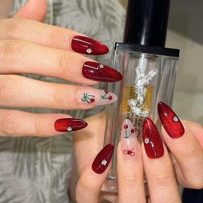 Fait main Ongle Artificiel Amande Rouge Œil de Chat Mignon Cerise Ongles de Photothérapie Faux Ongles Réutilisables et Amovibles