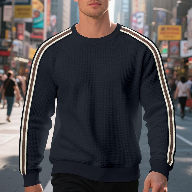 Loose Thin Seven Stripes Mens Waffle Crew Neck Casual Sports Breathable Sweatshirt