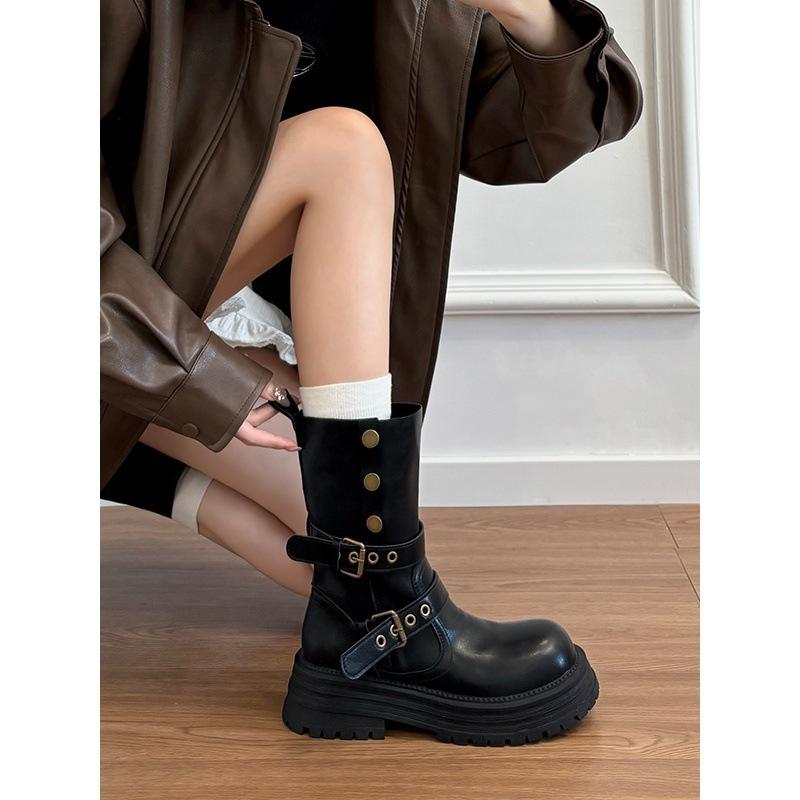 

Sheepskin version~ black boots round head medium tube short boots women s new autumn and winter velvet British retro leather Martin boots 40