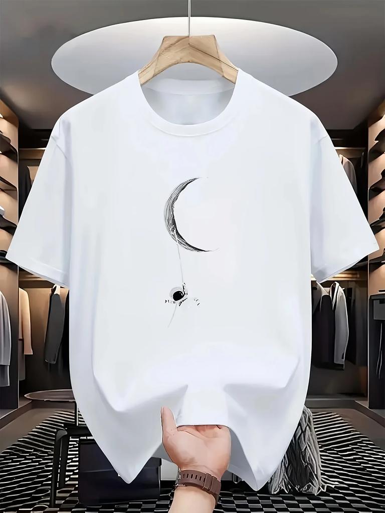 Men's Summer 100% Cotton Fashionable Casual Loose Moon Astronaut Pattern Printed Sports Round Neck Short Sleeve T-shirt Top
