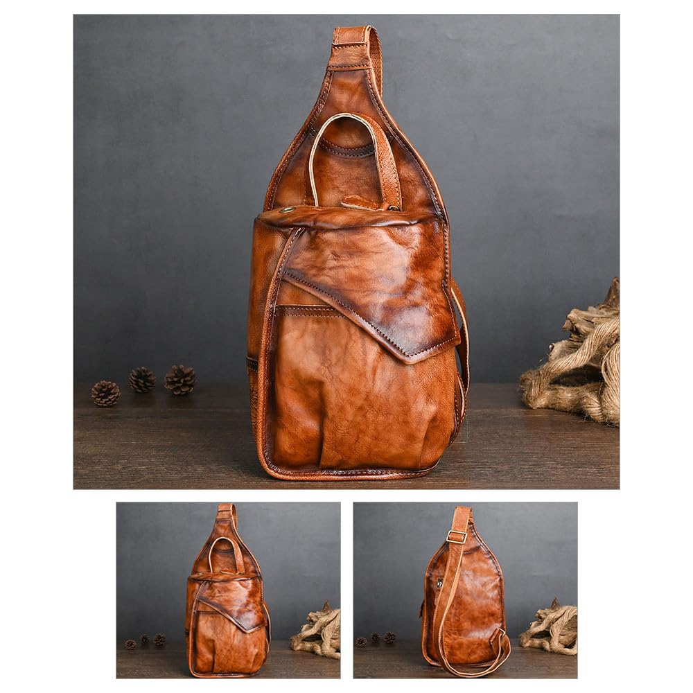 Whatna Antique-Style Tanned Natural Cowhide Leather Crossbody BagOne-Shoulder Bag for Men, Reversible Left or Right Strap, Genuine Leather, Thick,
