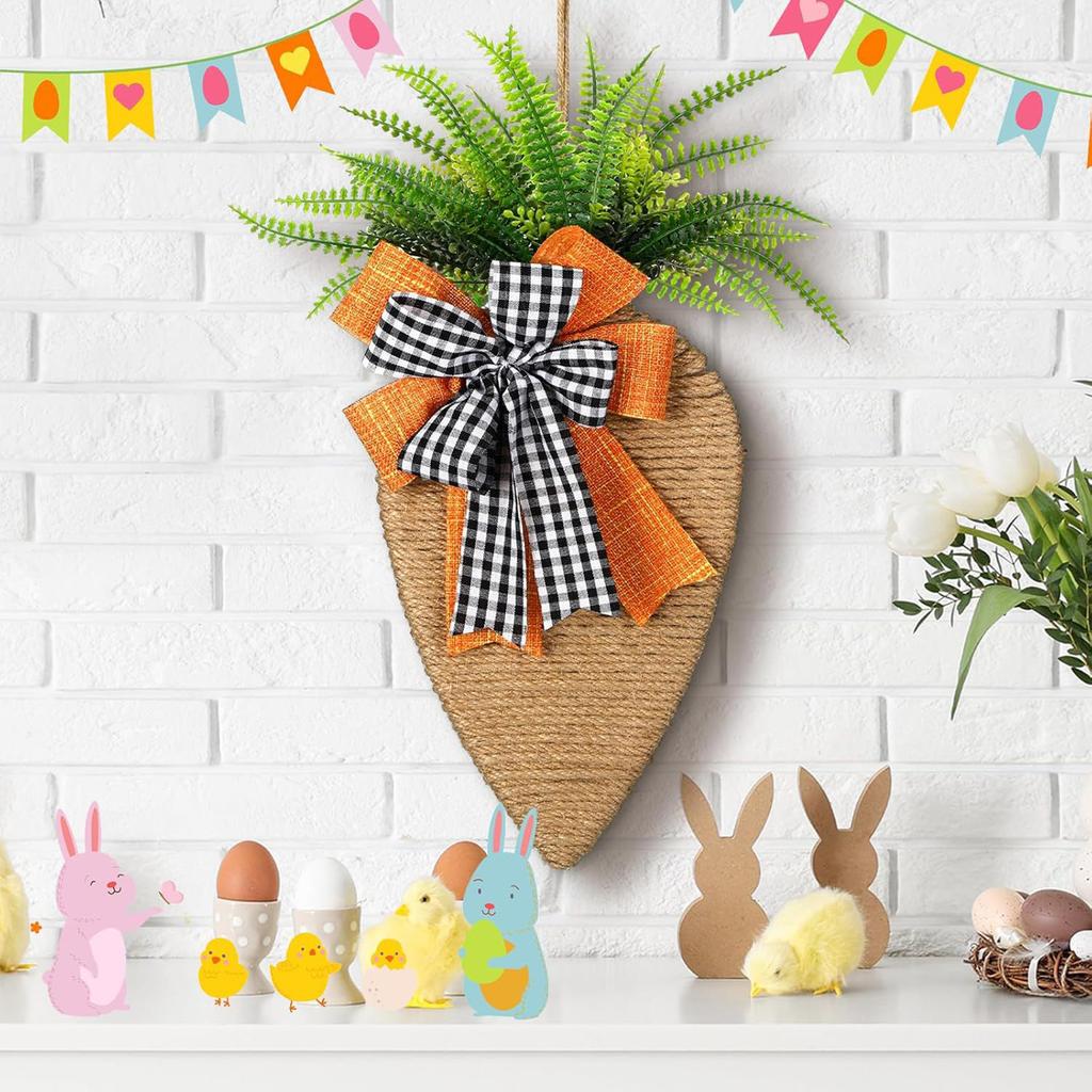 17in Carrot Easter Wreath with Black and White Burlap Bow Easter Rope Carrot Door/ Wall Decor Home Party Decorations for Spring