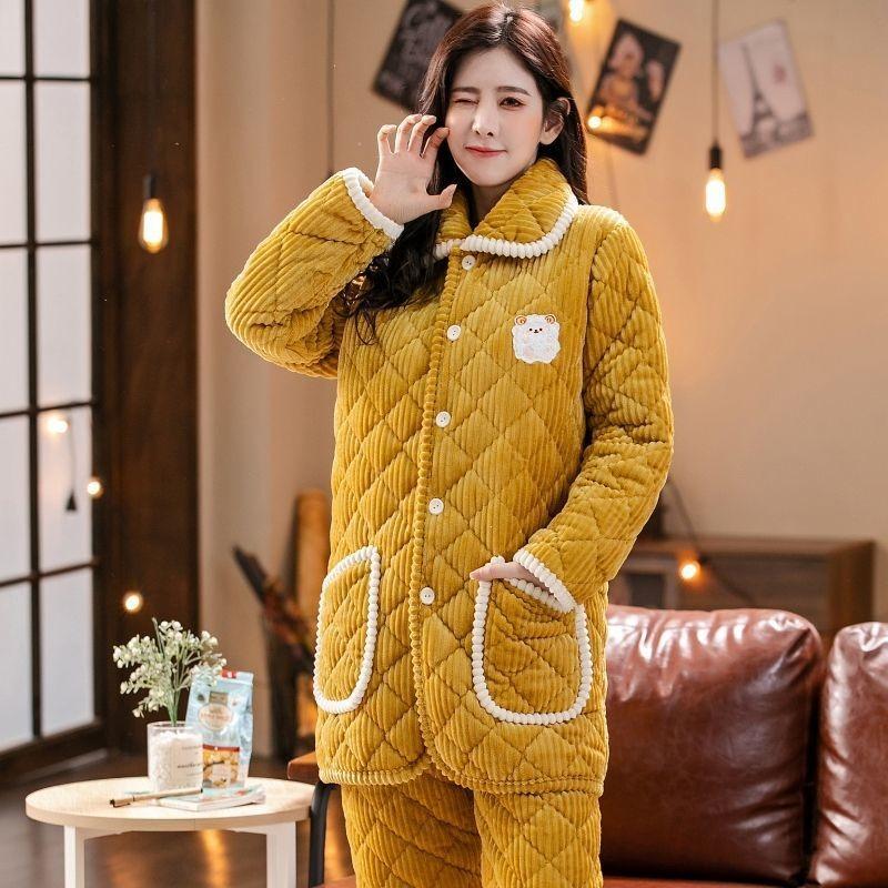 Pajamas women's winter three-layer thickened models fleece coral fleece warm padded cotton autumn and winter women's loungewear