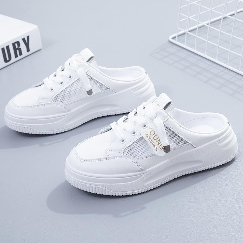 2025 new summer half-drag little white women's shoes wear lazy ins mesh bag head fashion thick-soled cool slippers