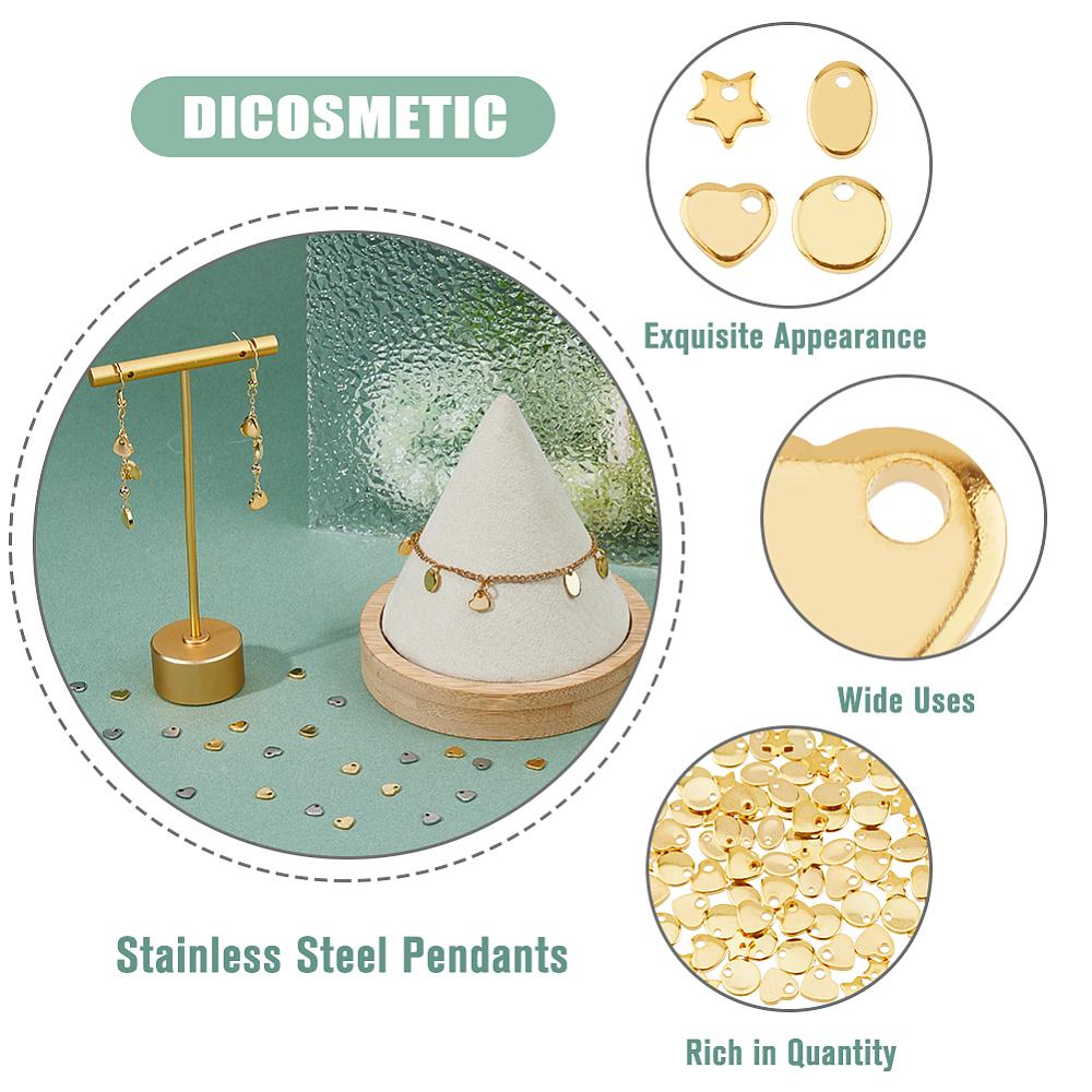 80Pcs 4 Styles Stainless Steel Charms Stamping Blank Tag Heart Golden 5.5~7x6~7x0.9~1.5mm Hole: 1~1.6mm 20pcs/style