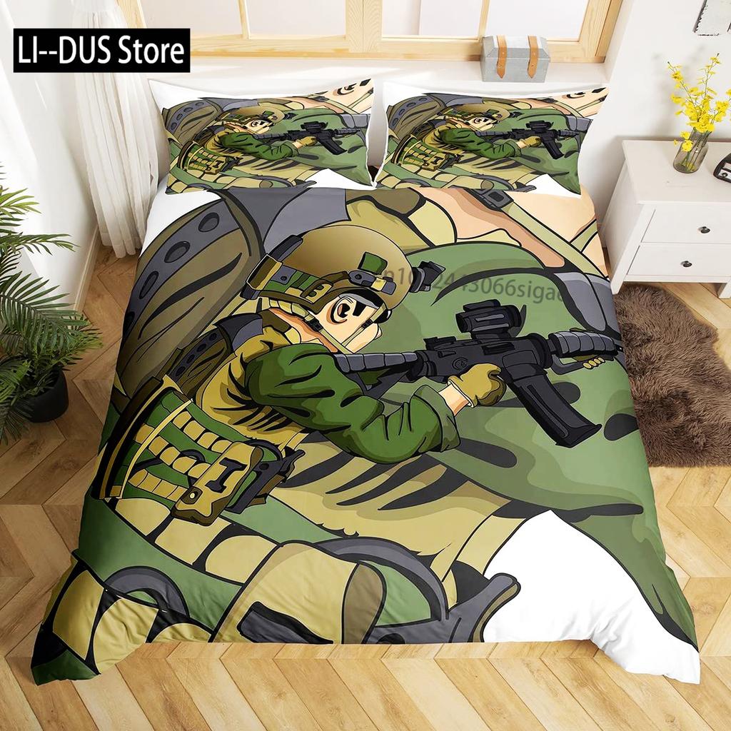 Soldier Duvet Cover Set King Size Soldier Helicopter Silhouette Bedding Set Microfiber 2/3pcs Green Black Military Quilt Cover