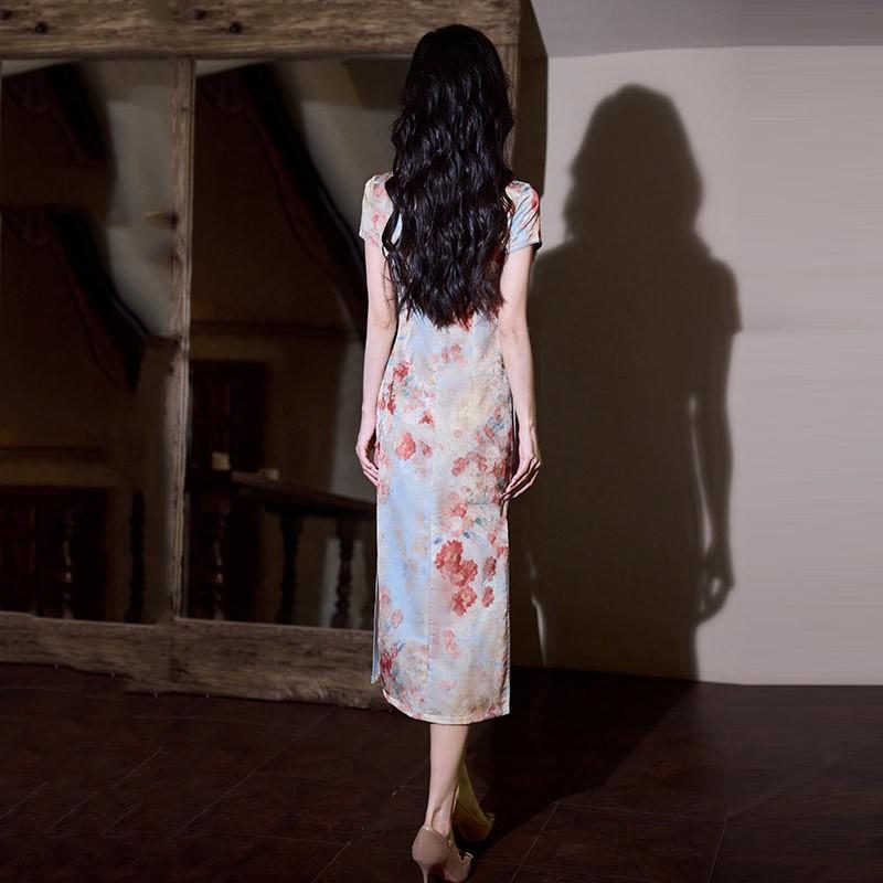 Vintage-Inspired Chinese Qipao Dress Women Short Sleeve Slim Fit Long Cheongsam In Acetate-Like Fabric 2025