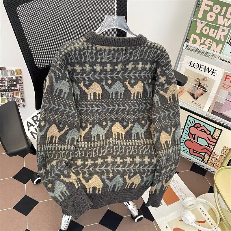 Pull Lâche Tricoté Style Japonais Rétro pour Homme, Col Rond Laineux Décontracté pour l'Automne et l'Hiver