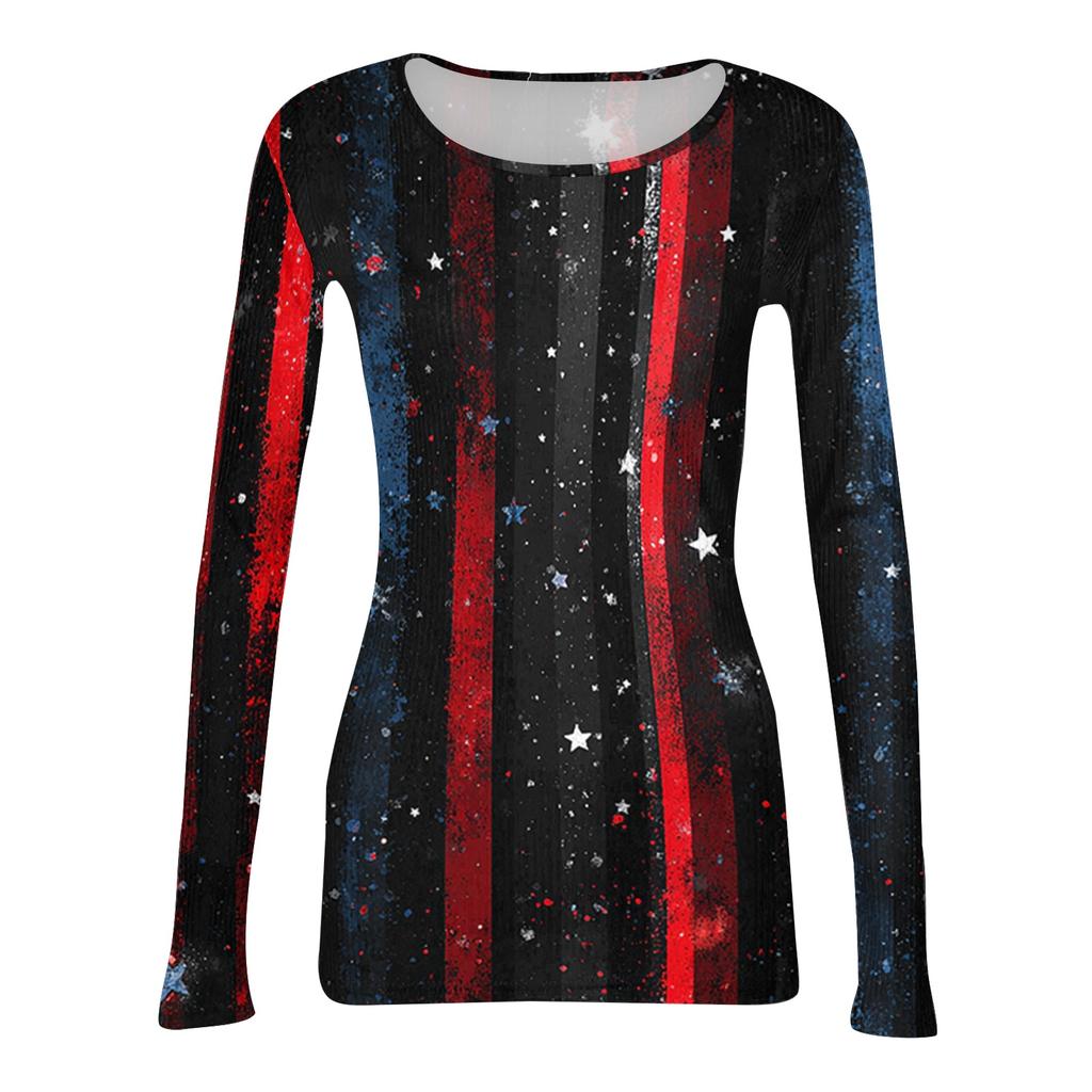 Women's Casual Long Sleeve Ribbed Top Crew Neck Lightweight Knit Shirt with Star Pattern Print for Everyday Wear