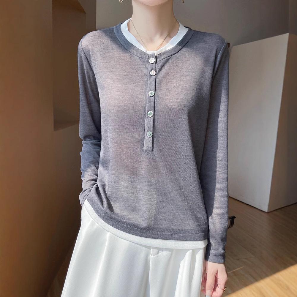

2025 Women s Chic Knitted Pullover: Round Neck, Fake Two-Piece, Slimming Top for Spring/Summer L 105-120 lbs