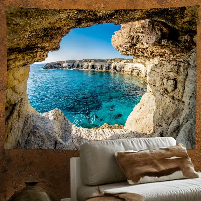 2D Summer Ocean Cave Landscape Tapestry, Nature Wall Hanging for Home