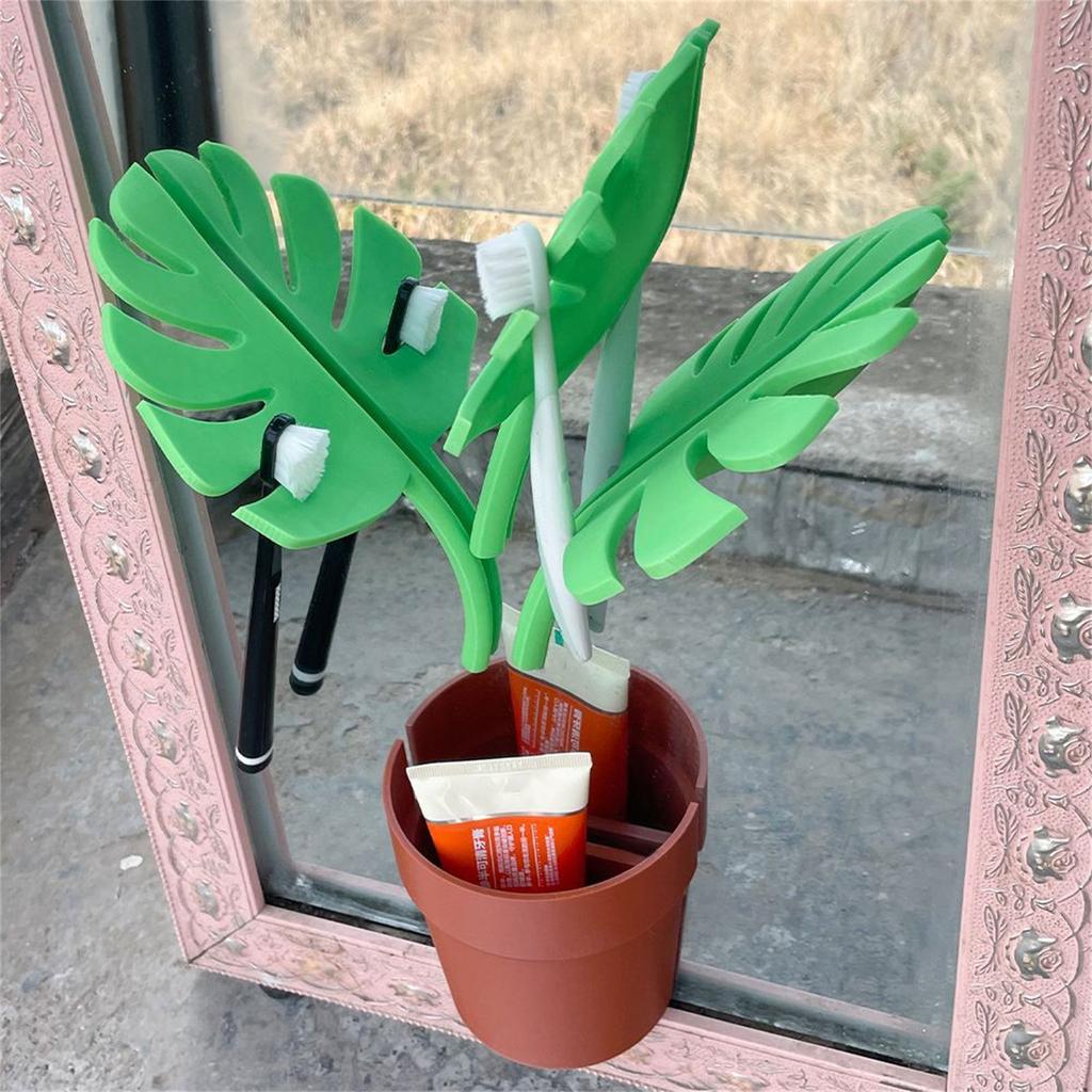 Wall Mounted Bathroom Organizer with Mirror and Monstera Pattern Toothbrush Holder for Jewelry Storage