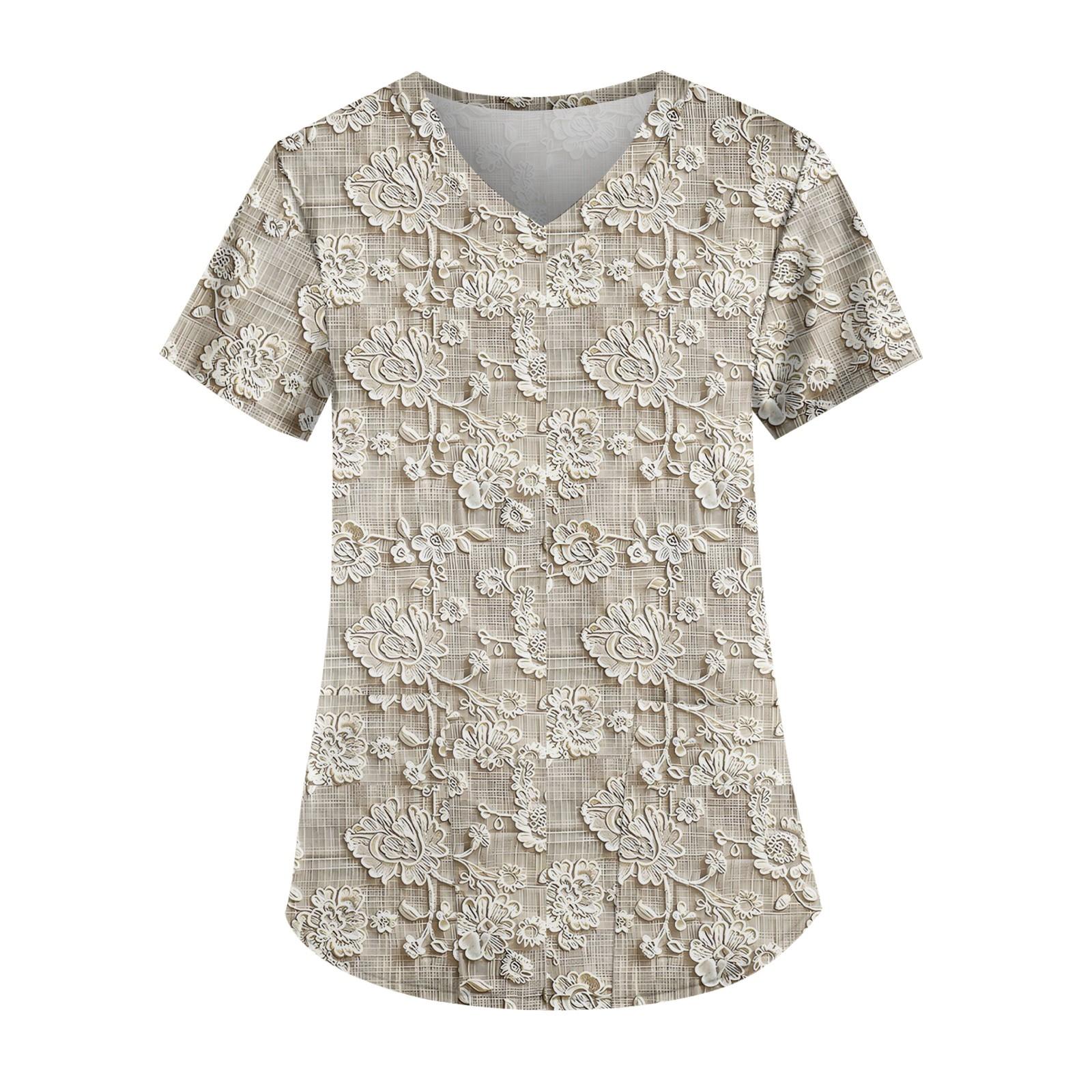 

Рабочая форма больших размеров с принтом, топы для женщин, забавные футболки с v-образным вырезом и короткими рукавами, рабочая одежда, футболка с карманами XXL бежевый