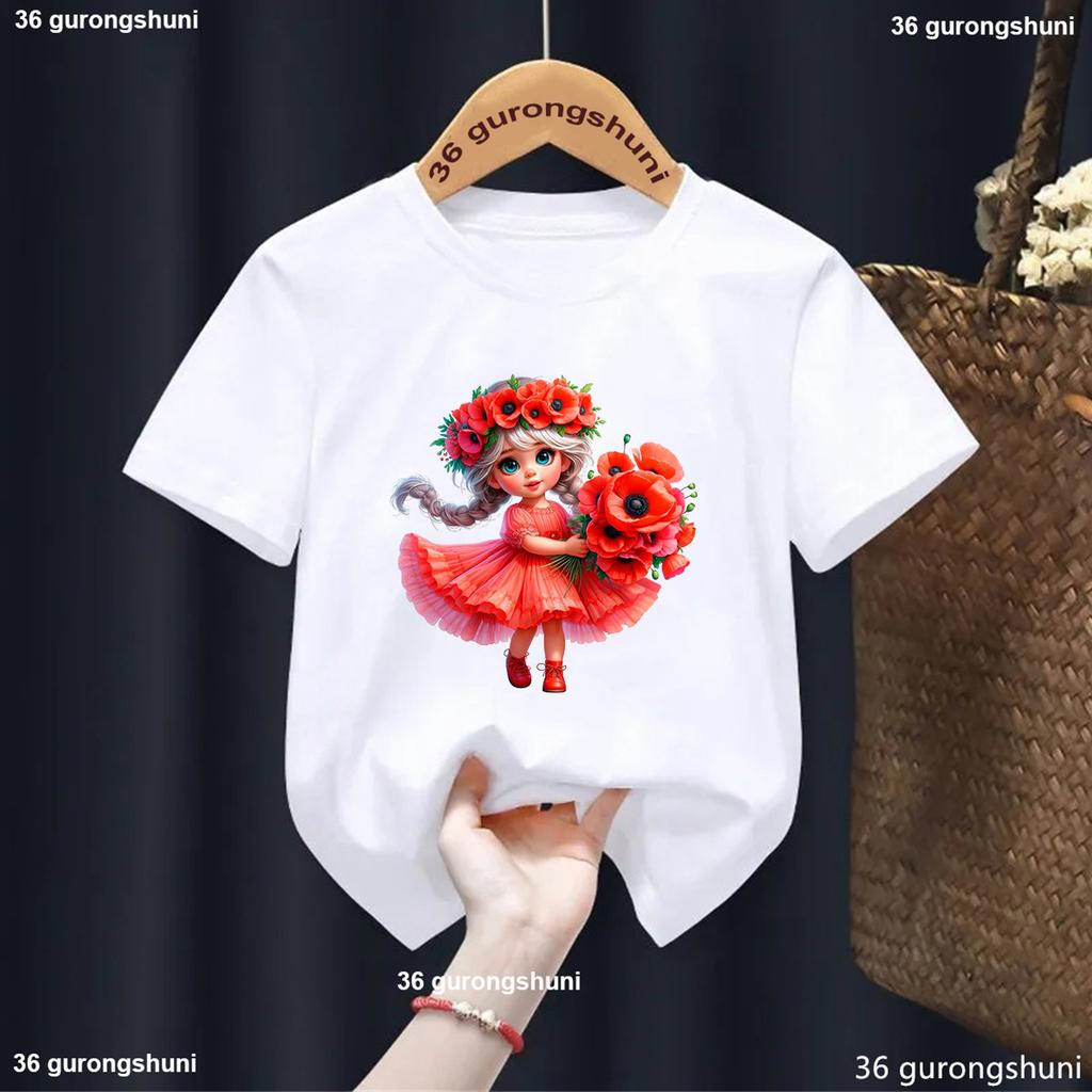 Cute Girl Ballet Dance Printed Cotton Childerns T-shirts Kawaii Girls Clothes Summer Kids Short Sleeve White Top