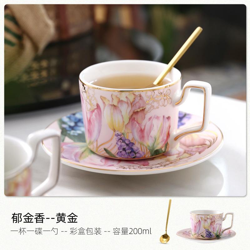 European Luxury Pastoral Ceramic Coffee Cup Set French Elegant Tea Cups Gold-plated Ceramic Latte Ceramic Flower Coffee Mug