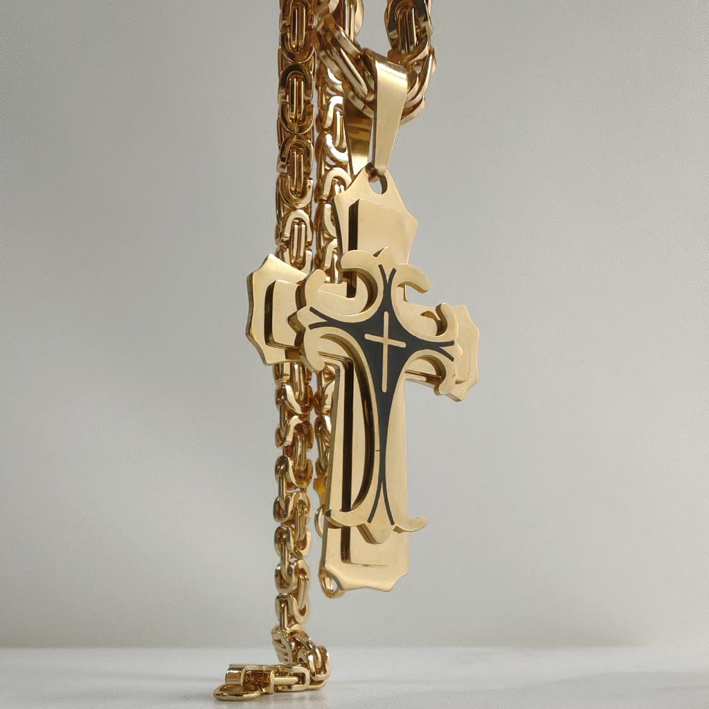 New Trendy Men's Titanium Steel Flat Section Necklace from Europe and America, Stainless Steel Oil Drop Cross Pendant