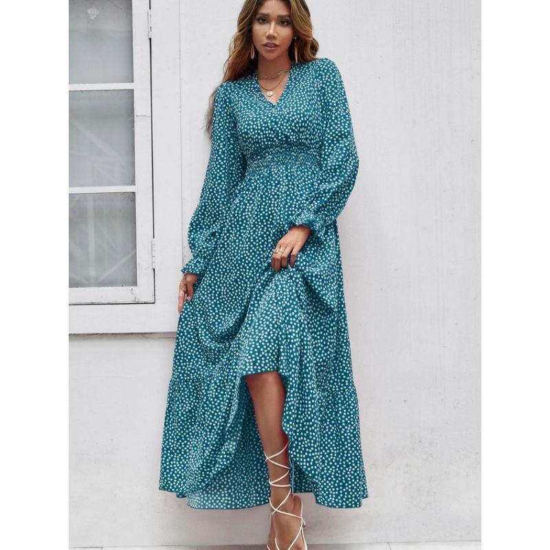 Elegance Graceful and Fashionable Bohemia Style V-neck Floral Elastic and Waisted Ruffles Long Sleeves Dress Long Dress for Women