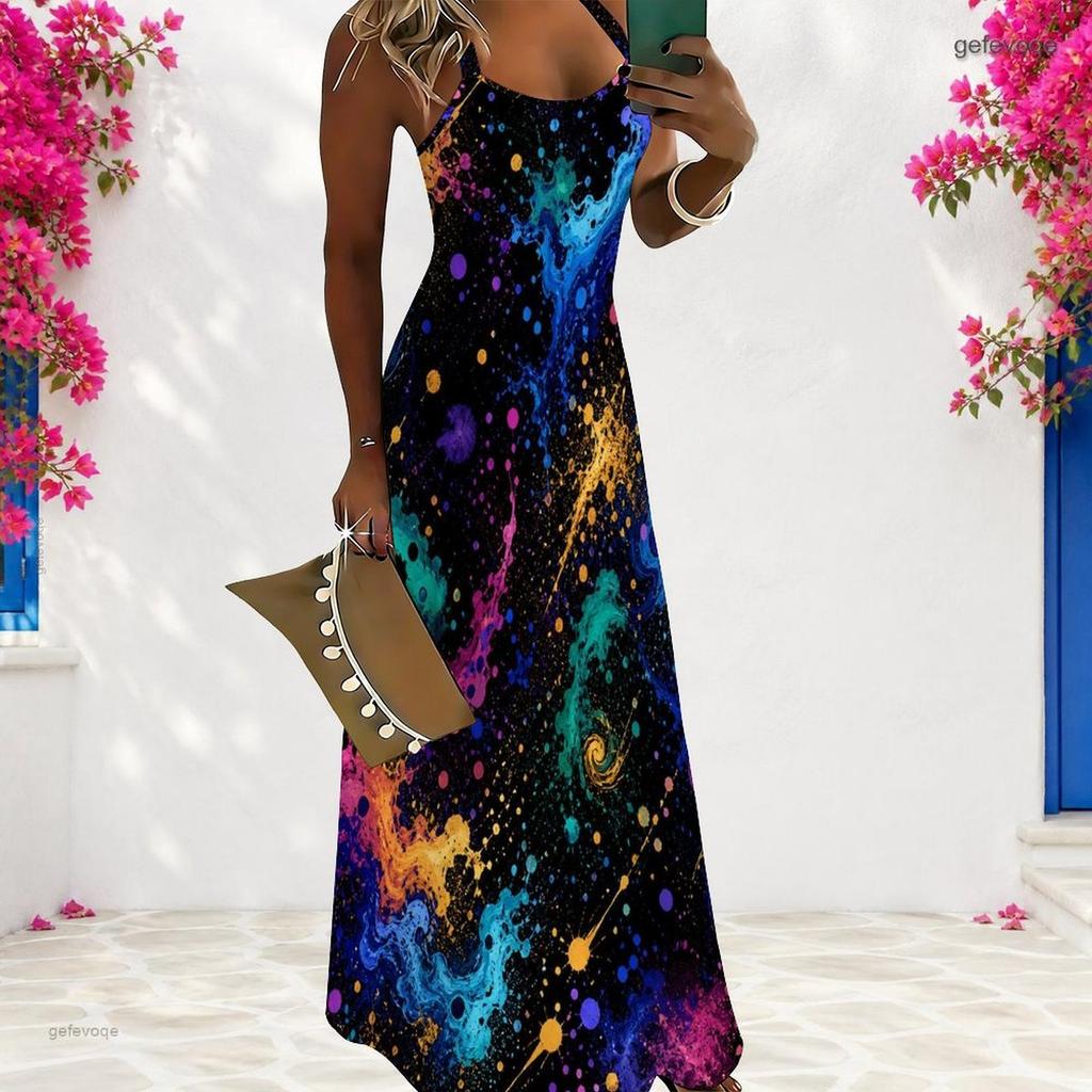 Women Plus Size Scoop Neck Strappy Sleeveless Galaxy Printed A Line Maxi Dress
