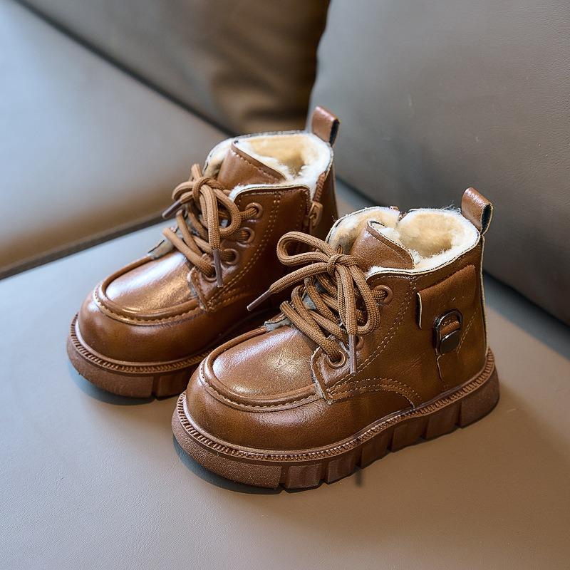 Boys' Stylish Work Boots, Winter Children's Short Boots, Vintage Girls' & Baby Fashion Martin Boots, Thick Fleece-Lined Boots.