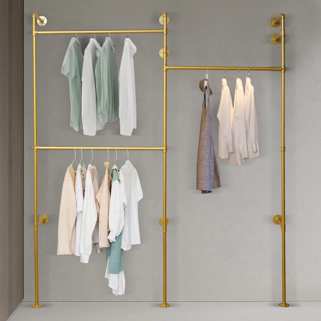 Vintage Industrial Pipe Clothing Rack, Wall Mounted Garment Rack with 3 Shelves, Iron Coat Hanger for Hallway, Rustic Home Decor