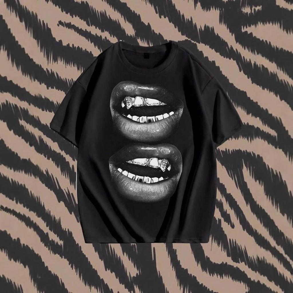 Trendy Cross-Border Tooth Drill Hip-Hop Short-Sleeve T-Shirt - Creative Streetwear for Couples