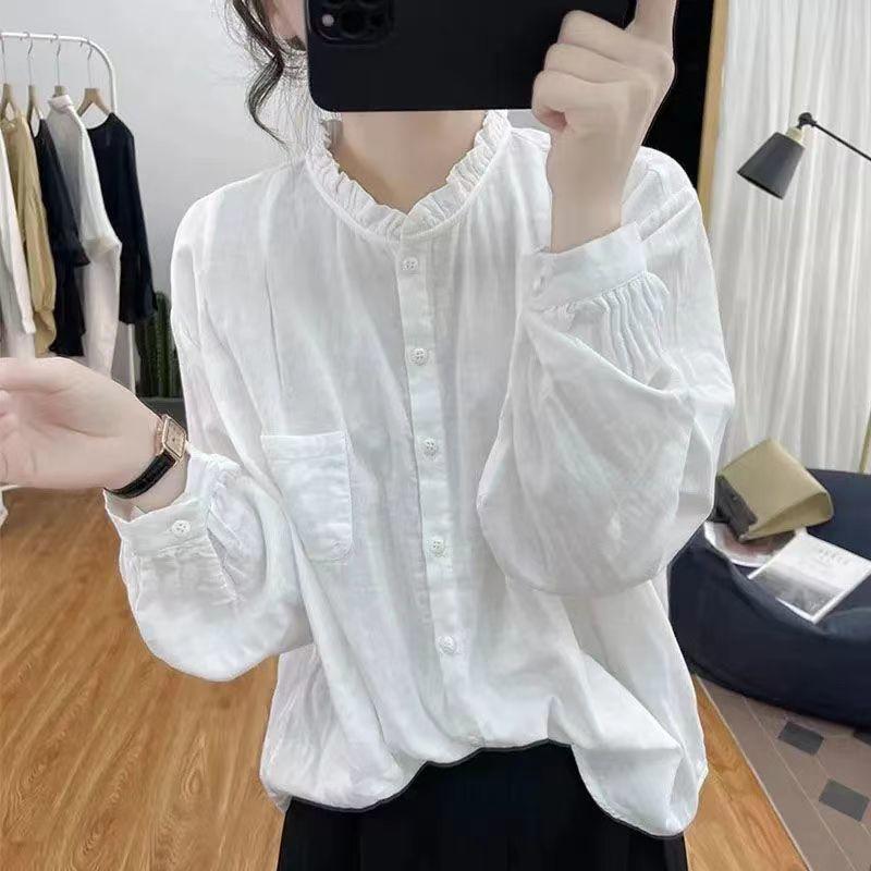 Long Sleeved Shirt for Women Solid Color Retro Loose Shirt Top for Women