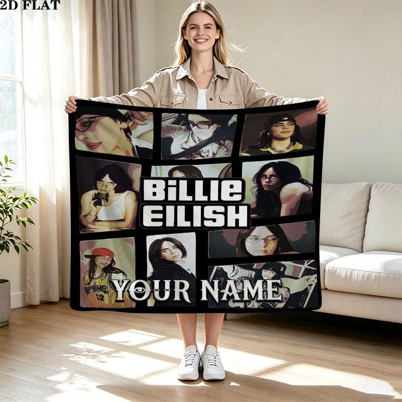 1PC Billie Eilish Custom Name Patterned Flannel Blanket Suitable For All Seasons for Home Decor Warmth and Comfort Gifts Holiday Present
