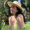 Women's Summer Wide Brim Straw Hat with Black Bowknot Frayed Edge UV Protection Beach Sun Hat Foldable Travel Cap