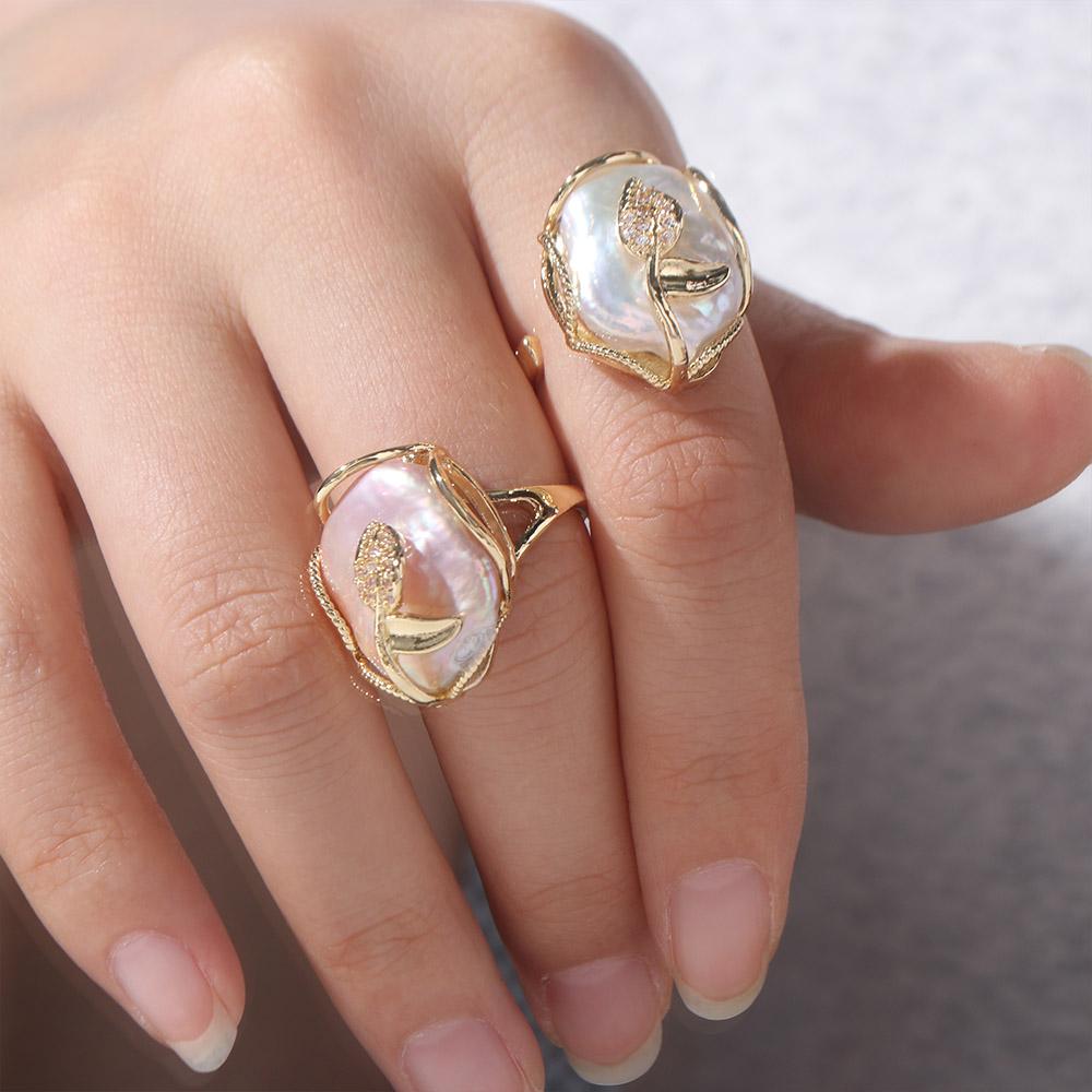 Rhinestone Irregular Pearl Ring Golden Women's Jewelry Unique Pearl Opening Ring  Women